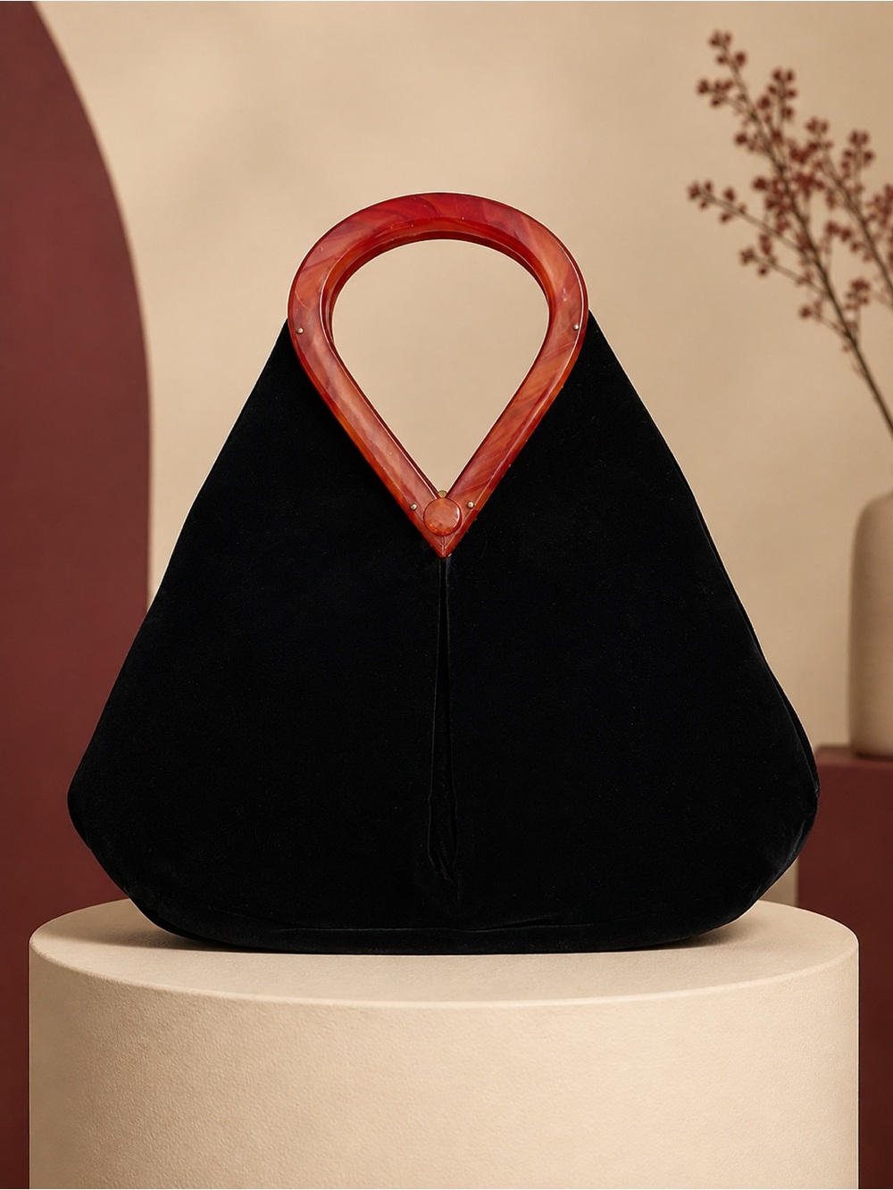 Vintage Bobbie Jerome Black Velvet Red Lucite Handle Handbag